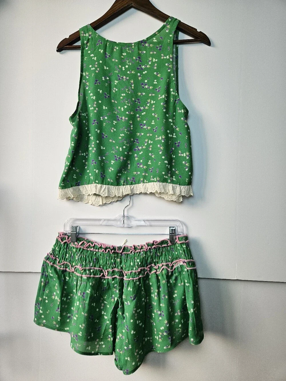 ee:some Floral 2 Piece Set Medium Green Tank Top Shorts Lace Trim Cottagecore